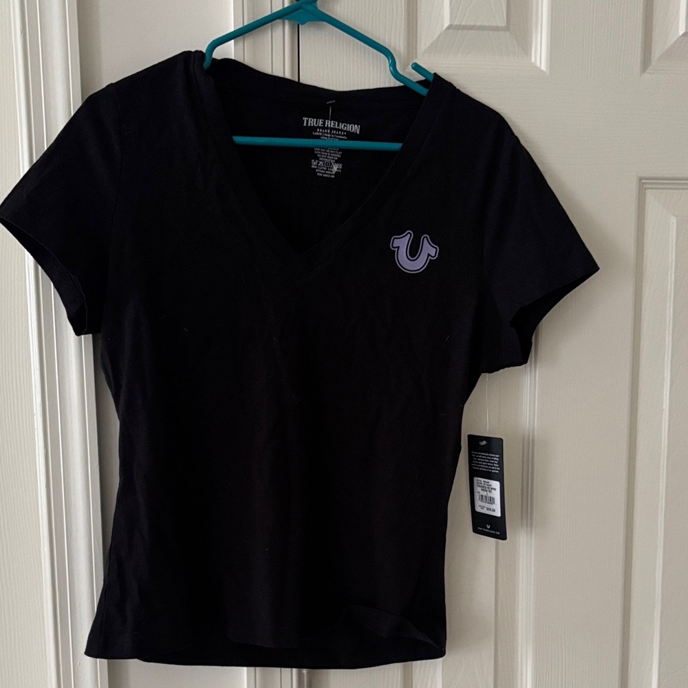 True Religion Women's Black Tee with Purple Logo